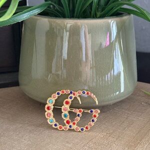 Gold Tone Multicolor Rhinestone Double G Style Brooch | Statement Pin